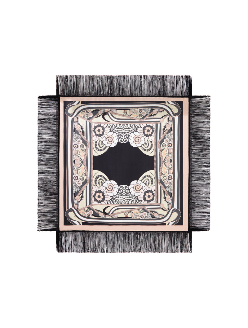 SILK SCARF WITH FRINGES AND ORNAMENTAL PRINT
