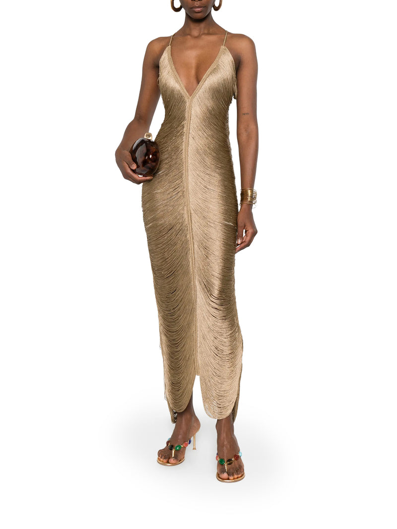 LONG SOLÉ DRESS WITH FRINGES AND V-NECK