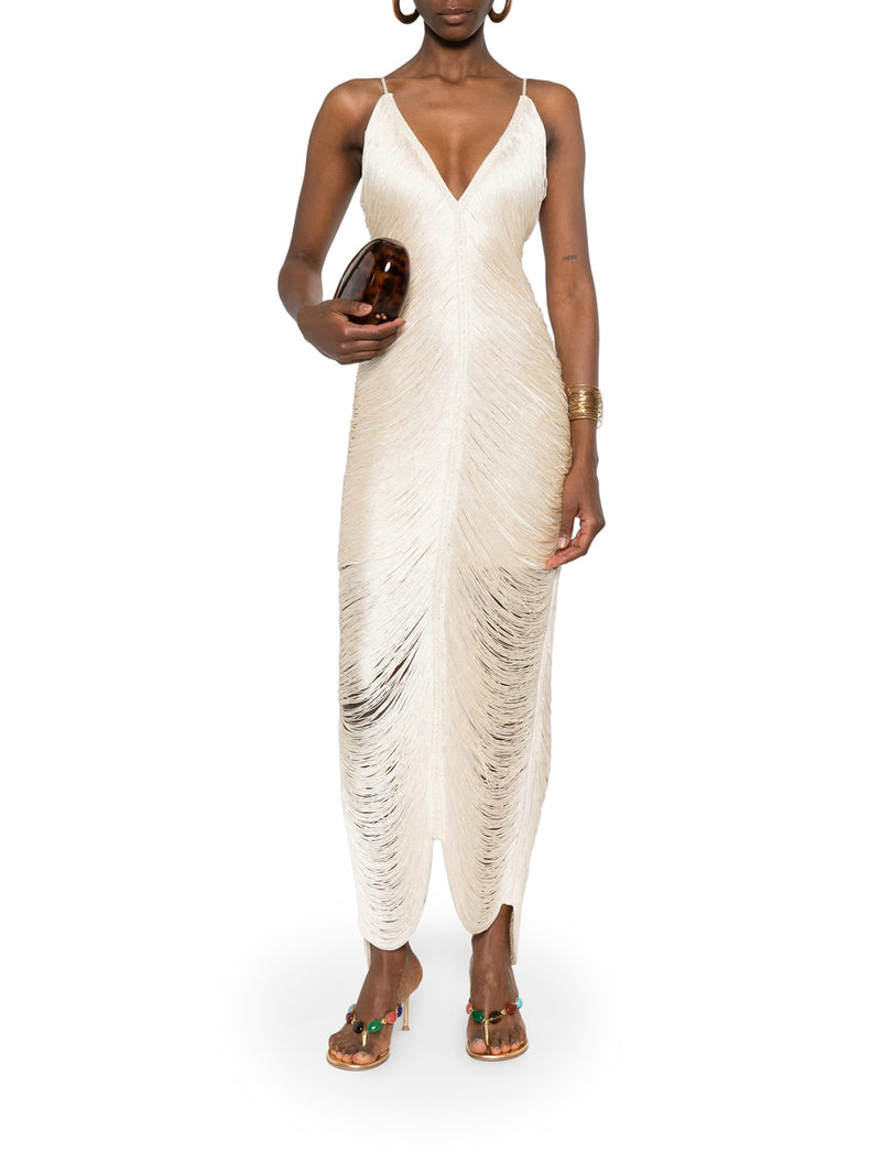 LONG SOLÉ DRESS WITH FRINGES AND V-NECK