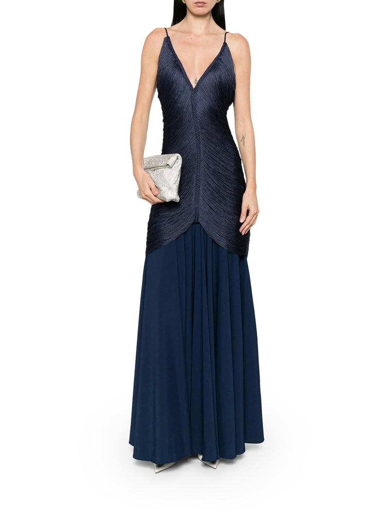 LONG NOSTALGIA DRESS WITH FRINGES AND V-NECK