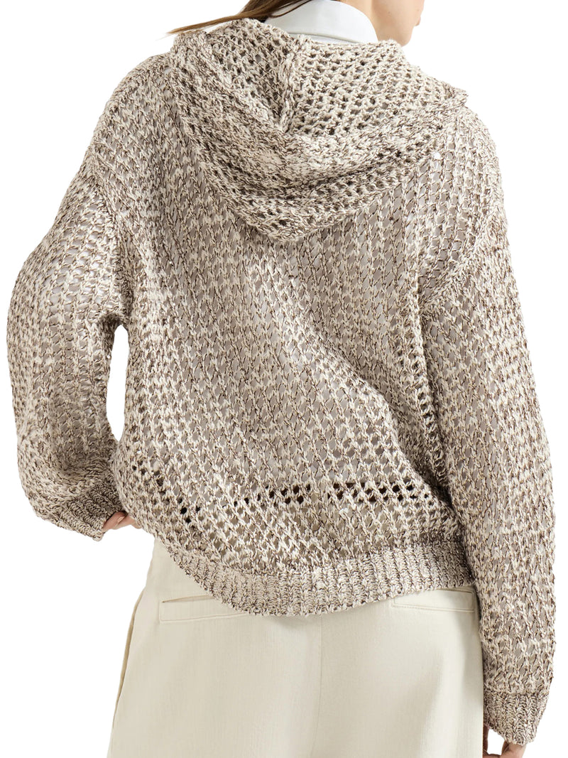 DAZZLING CHINÉ SILK AND LINEN KNIT CARDIGAN WITH HOOD AND ZIP
