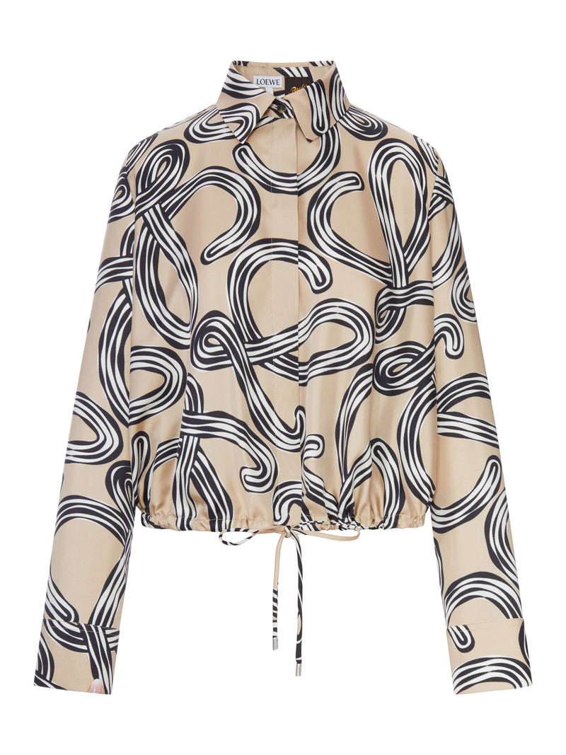 SILK TWILL BALLOON SHIRT WITH ANAGRAM PRINT AND DRAWSTRING HEM