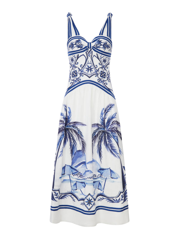 LONG LINEN DRESS WITH TROPICAL PRINT
