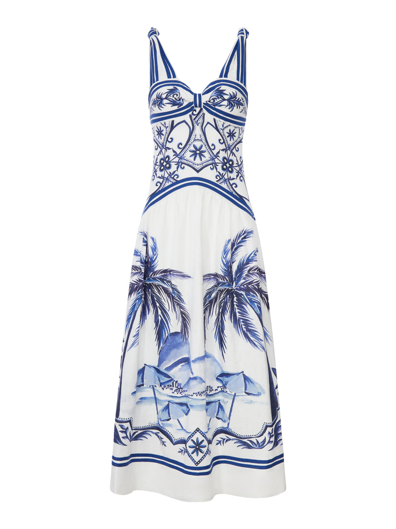 LONG LINEN DRESS WITH TROPICAL PRINT