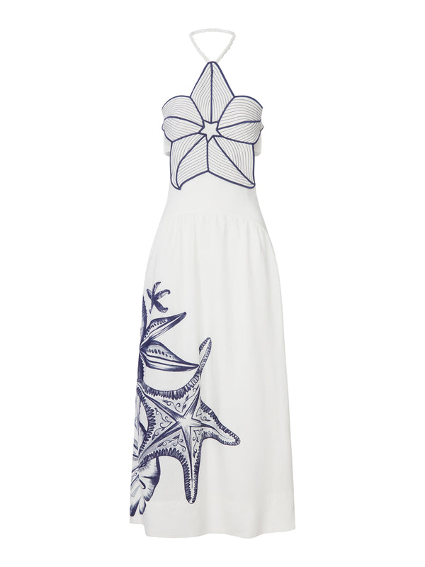 LONG HALTER DRESS WITH MARINE PRINT