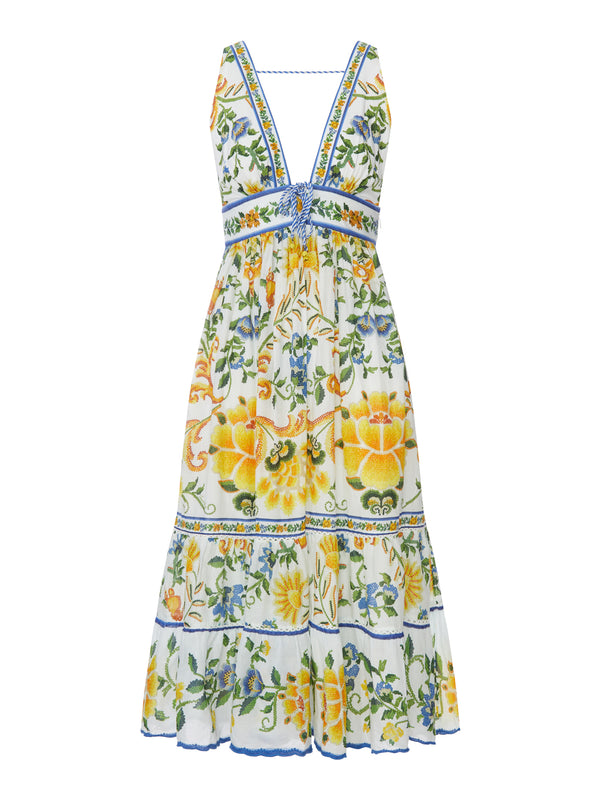 LONG DRESS WITH FLORAL PRINT AND DEEP V-NECK