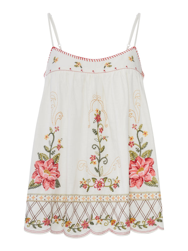 LINEN BLEND TOP WITH FLORAL EMBROIDERY
