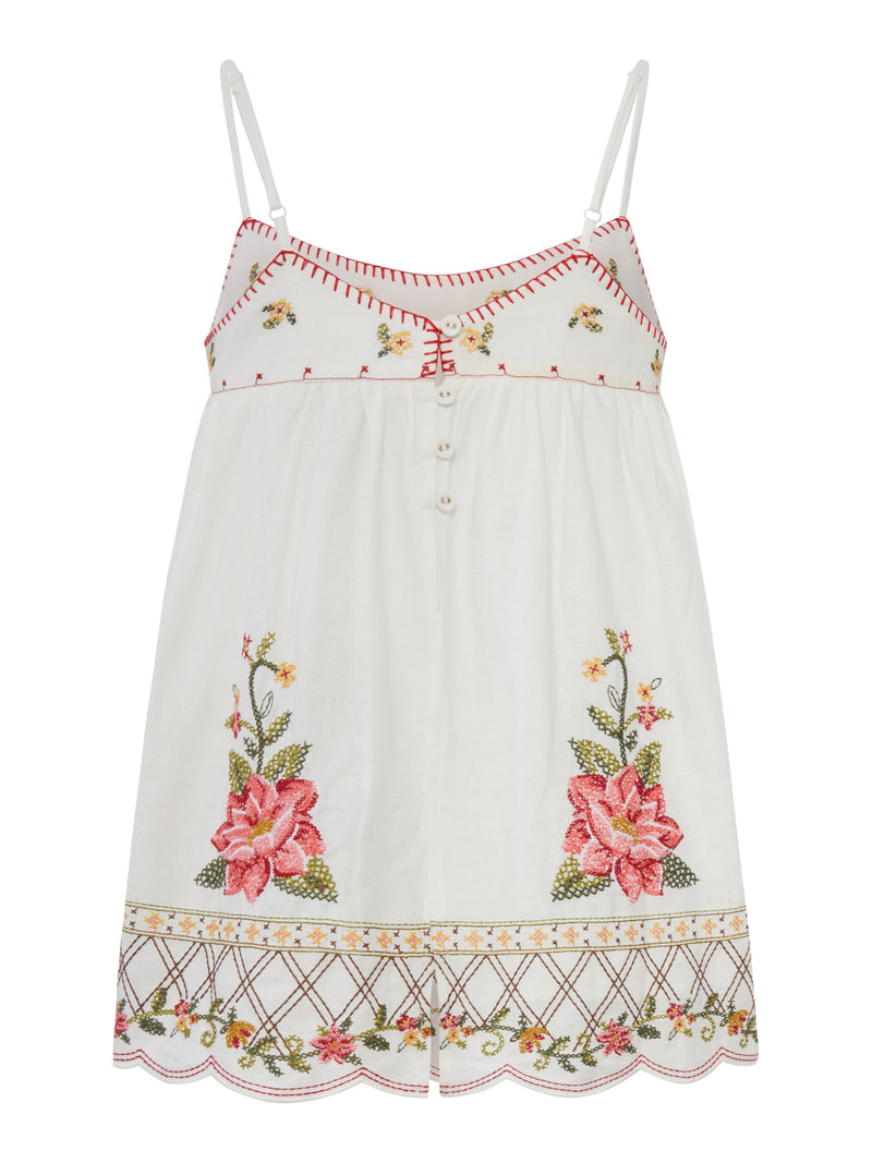 LINEN BLEND TOP WITH FLORAL EMBROIDERY