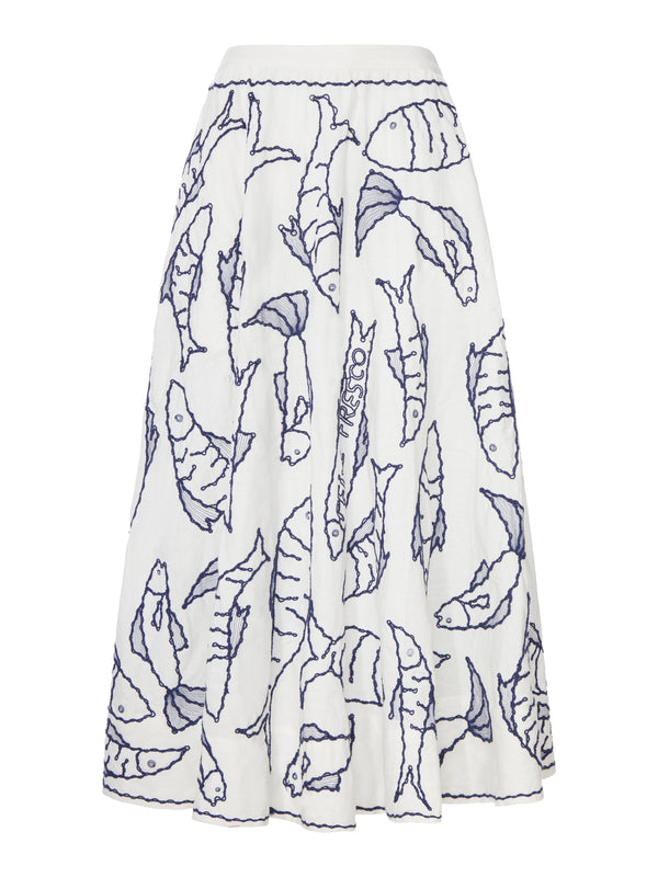 COTTON MIDI SKIRT WITH MARINE EMBROIDERY