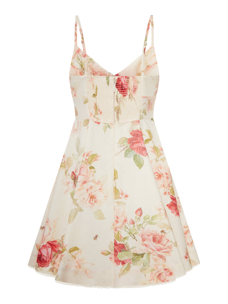 SHORT LINEN DRESS WITH FLORAL PRINT