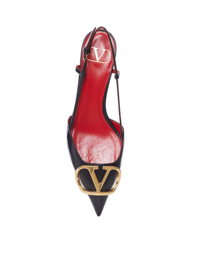 LEATHER SLINGBACK PUMPS WITH V LOGO DETAIL