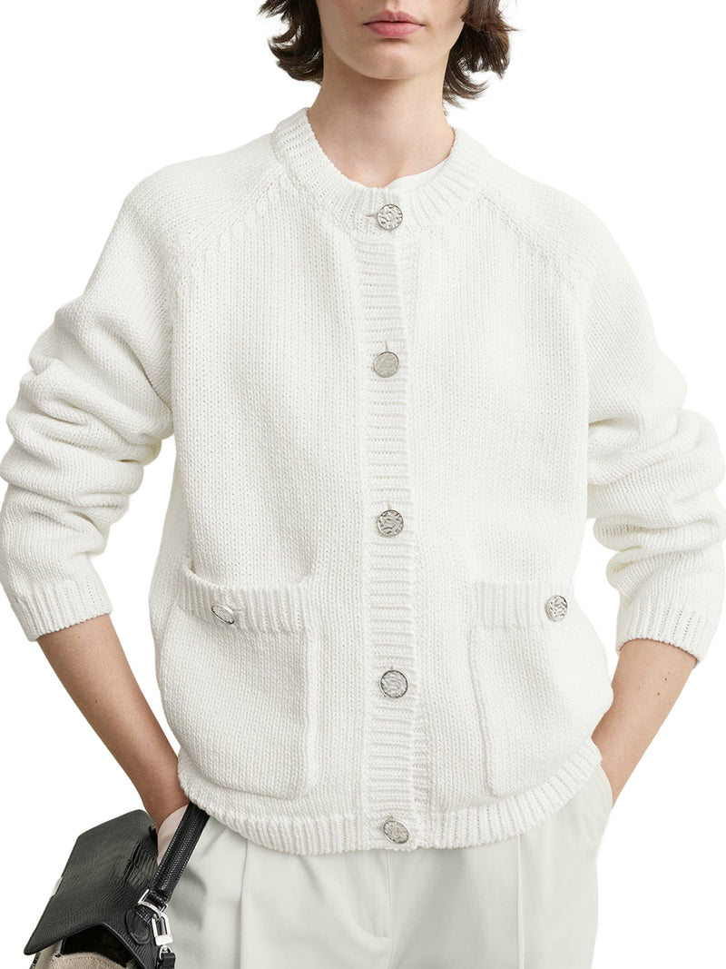 WHITE COTTON CARDIGAN WITH HAMMERED-EFFECT BUTTONS