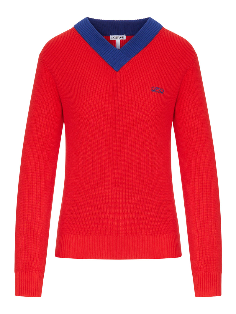 TEXTURED COTTON-WOOL BLEND SWEATER WITH A CONTRASTING COLLAR