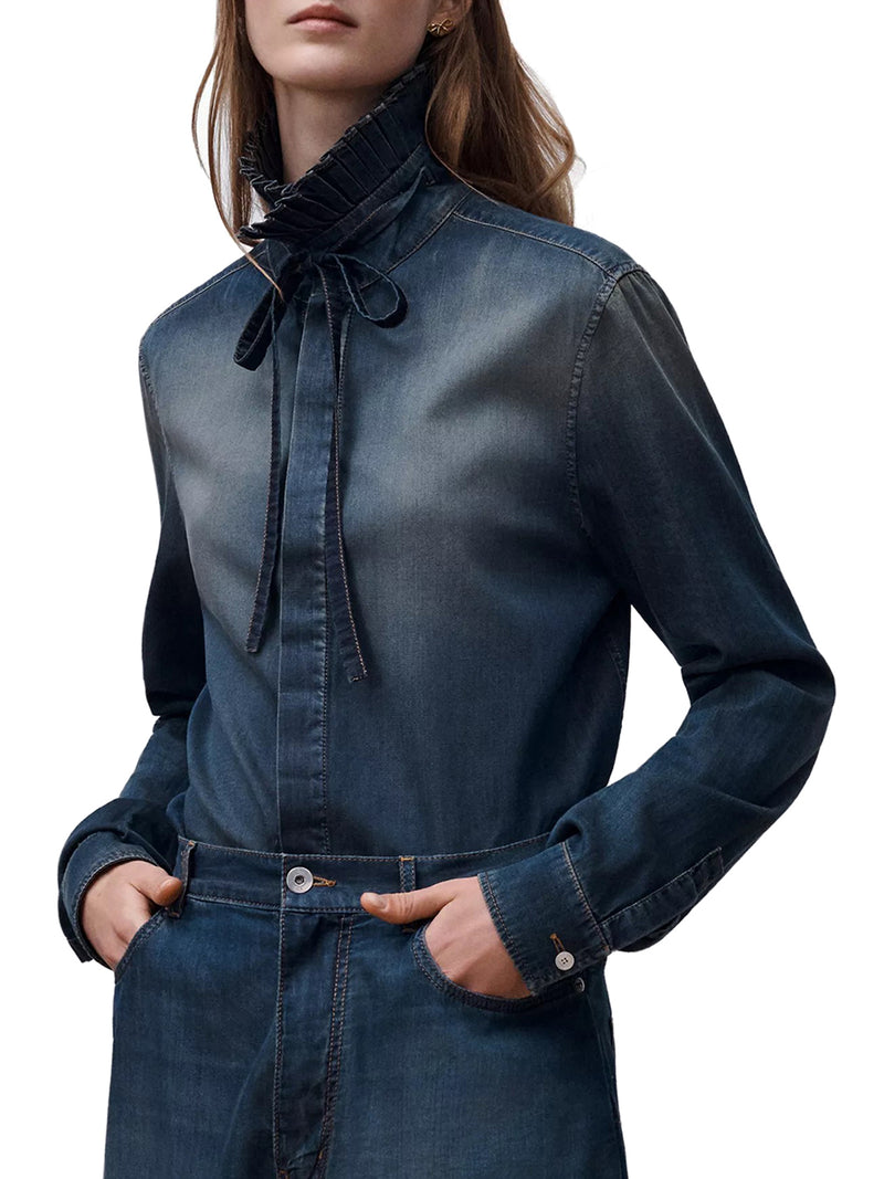 LONG BLOUSE WITH KNOT COLLAR IN COTTON DENIM