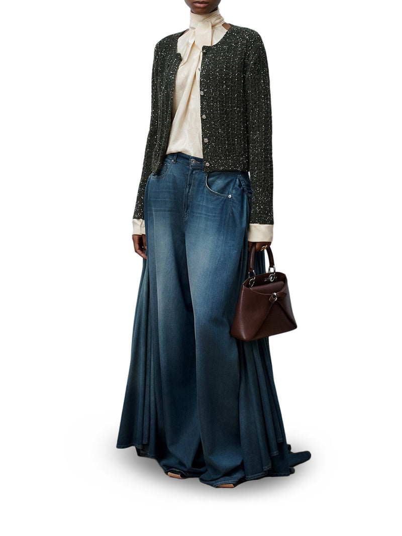 GREEN VIRGIN WOOL AND CASHMERE TWEED CARDIGAN EMBROIDERED WITH SEQUINS