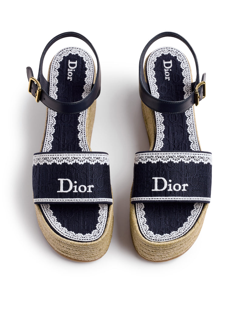 DIOR OBLIQUE EMBROIDERED COTTON DENTELLE WEDGE SANDAL