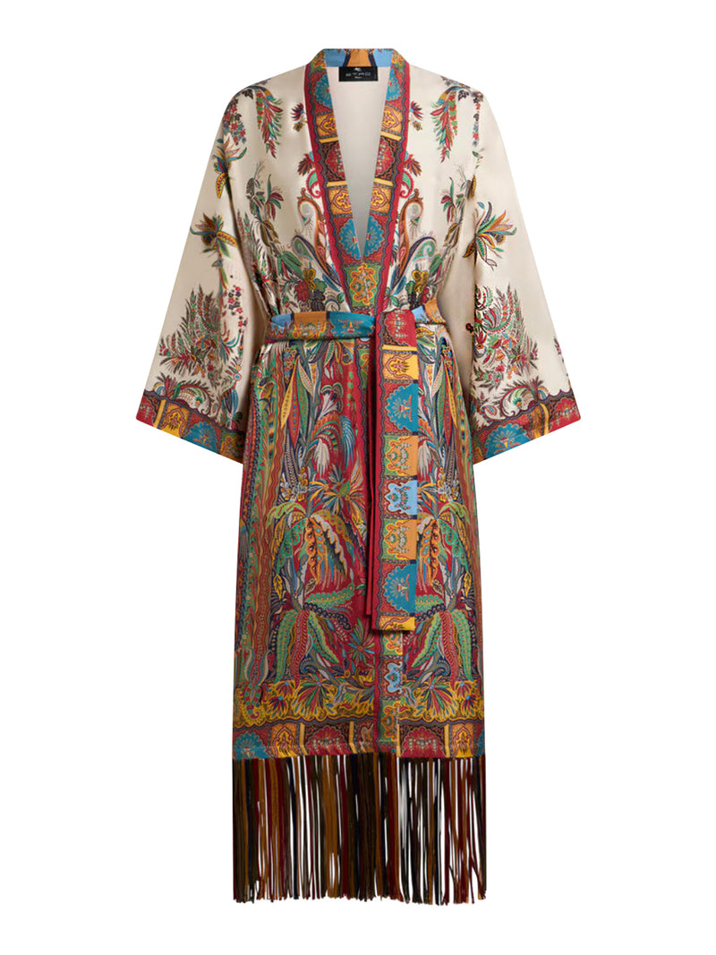 SILK DUSTER COAT WITH FRINGES AND PAISLEY FOLIAGE PRINT