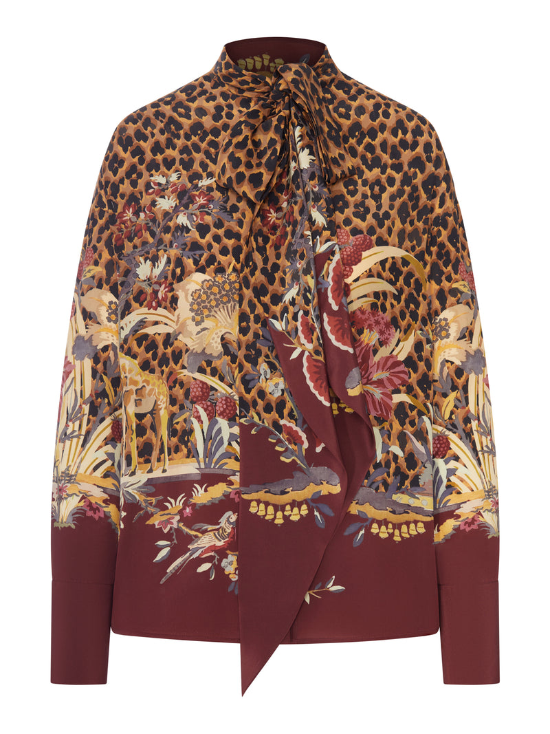 ANIMAL AND FLORAL PRINTED SHIRT WITH NECK BOW