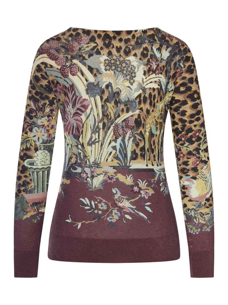 LIGHTWEIGHT KNIT TOP WITH ANIMAL AND FLORAL PRINT