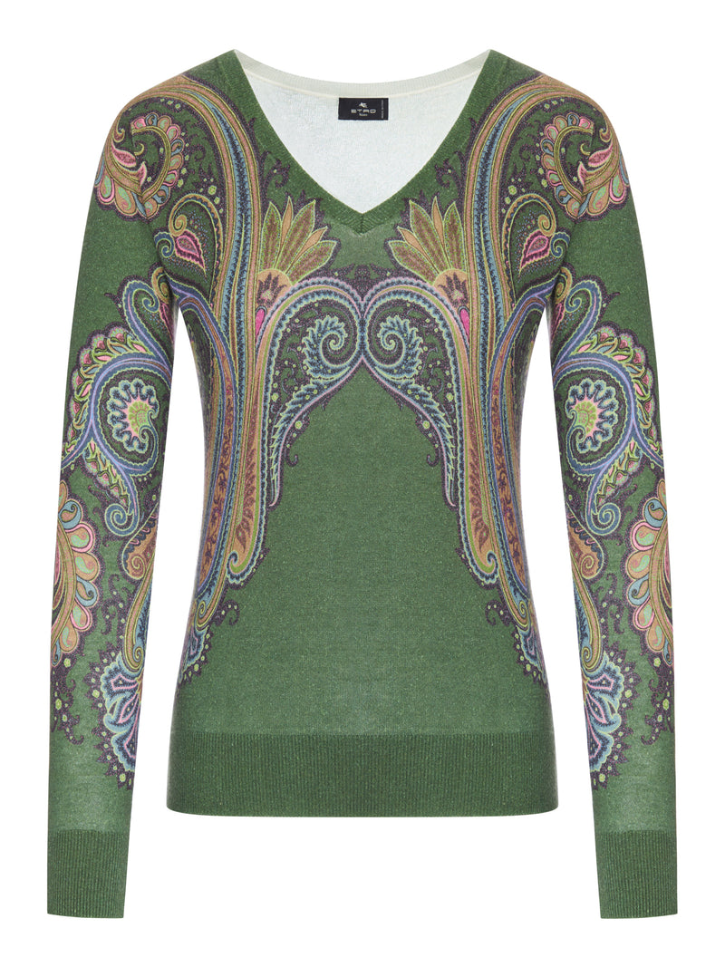 SILK AND CASHMERE V-NECK SWEATER WITH PLACED PAISLEY PRINT