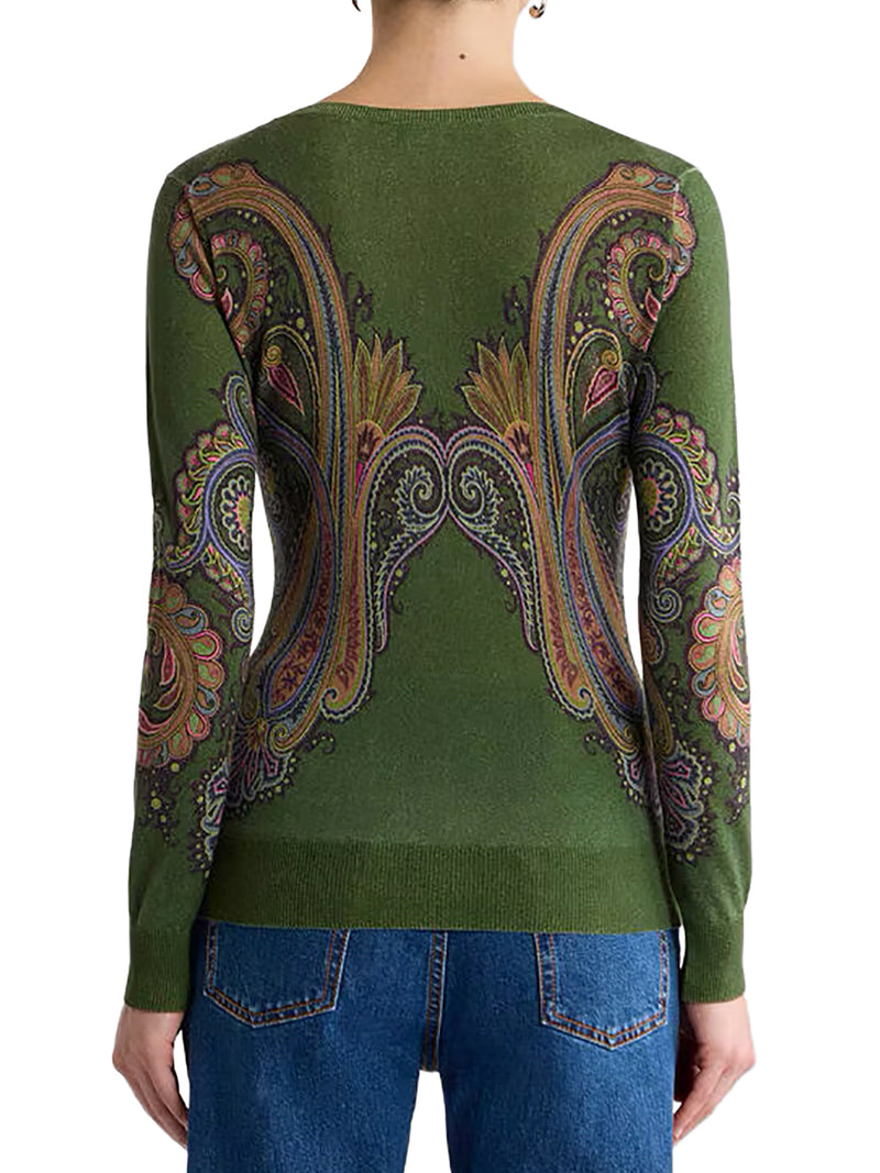 SILK AND CASHMERE V-NECK SWEATER WITH PLACED PAISLEY PRINT