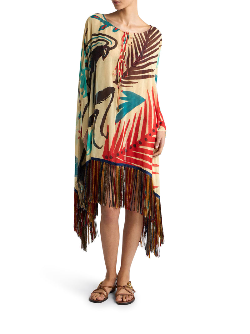 ETRO X TABBY BOOTH SEERSUCKER COVER-UP DRESS WITH FRINGES AND PLACED PRINT