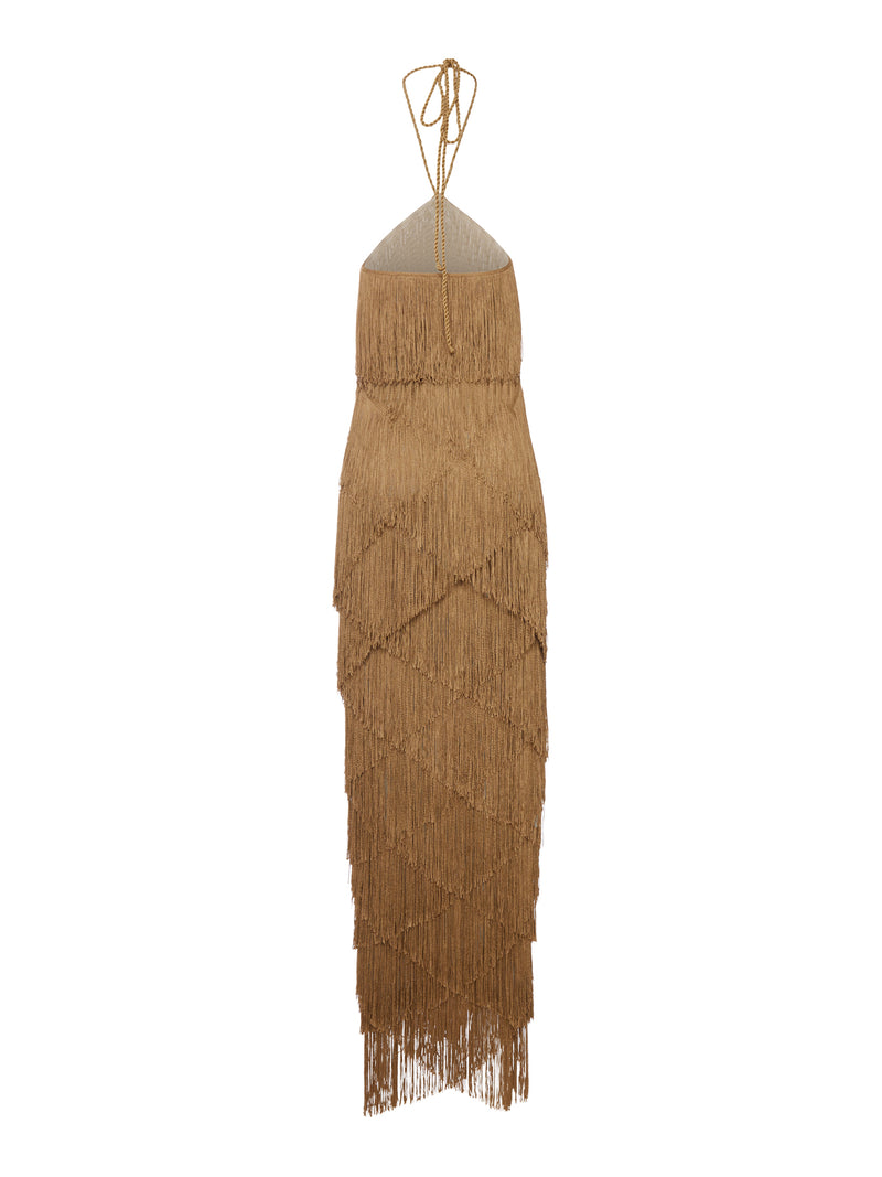 LONG HALTER DRESS WITH FRINGES
