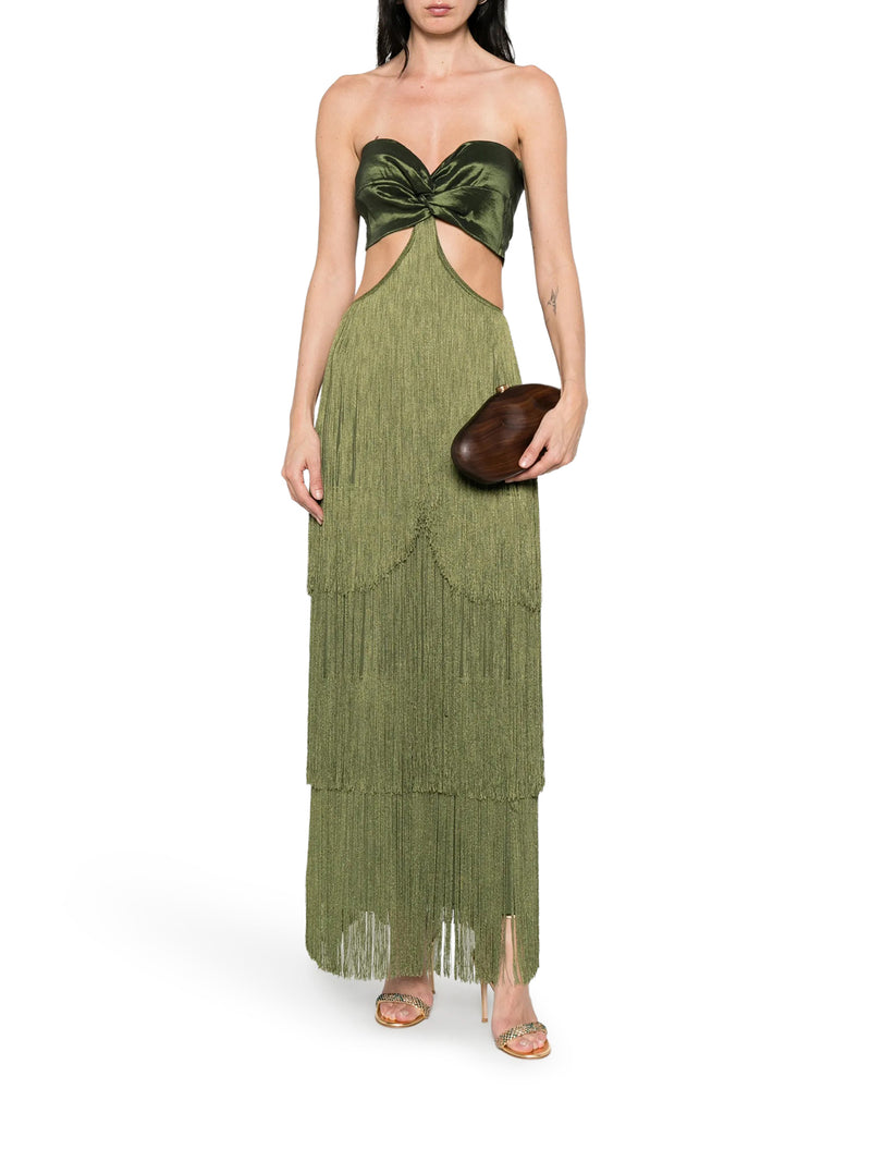 LONG DRESS WITH FRINGES AND SATIN BOW