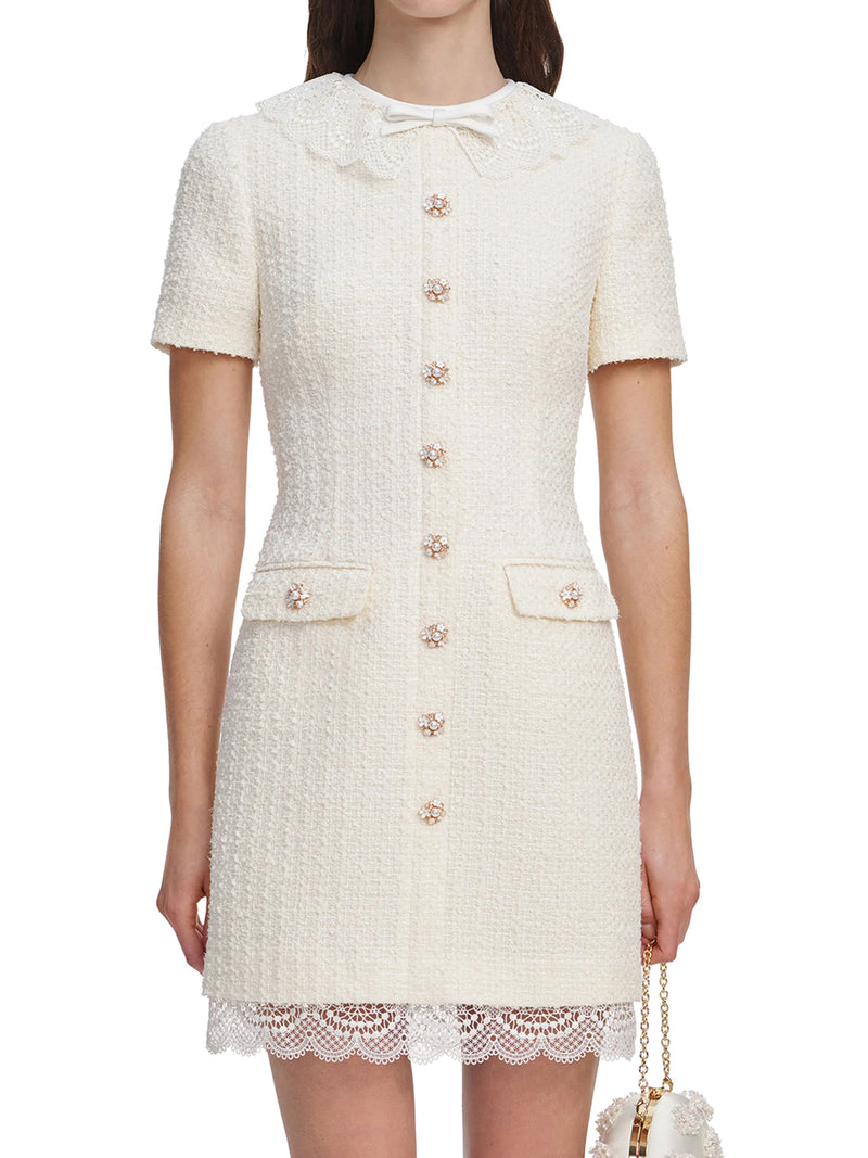 CREAM-COLOURED MINI DRESS WITH BOUCLE LACE COVERINGS