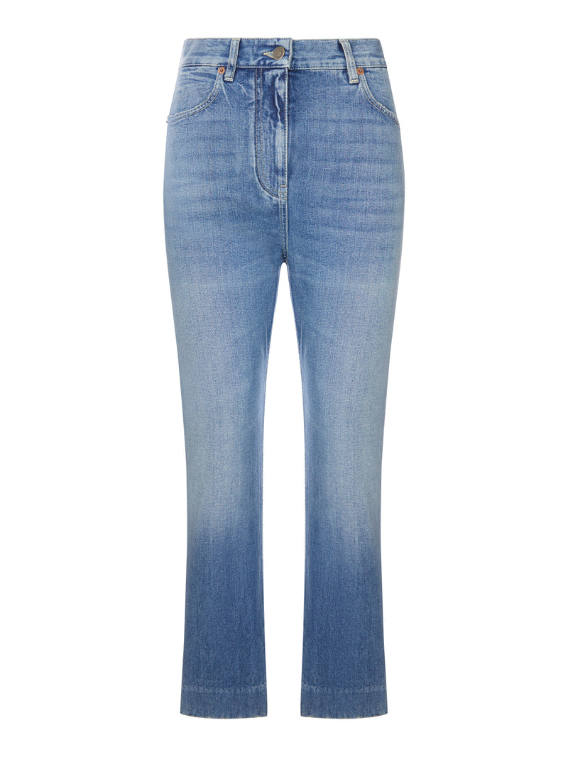 LIGHT WASH DENIM FLARED LEG CROPPED JEANS