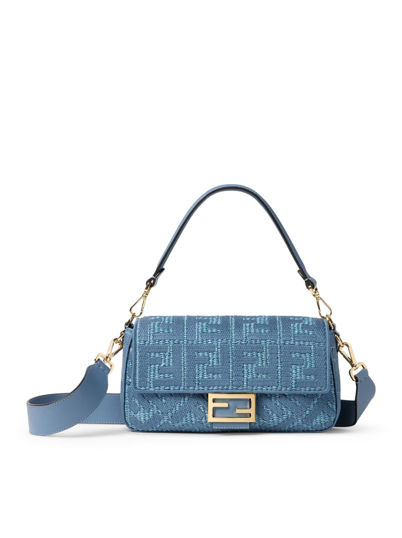 BAGUETTE BAG IN WOVEN RAFFIA WITH BLUE FF EMBROIDERY