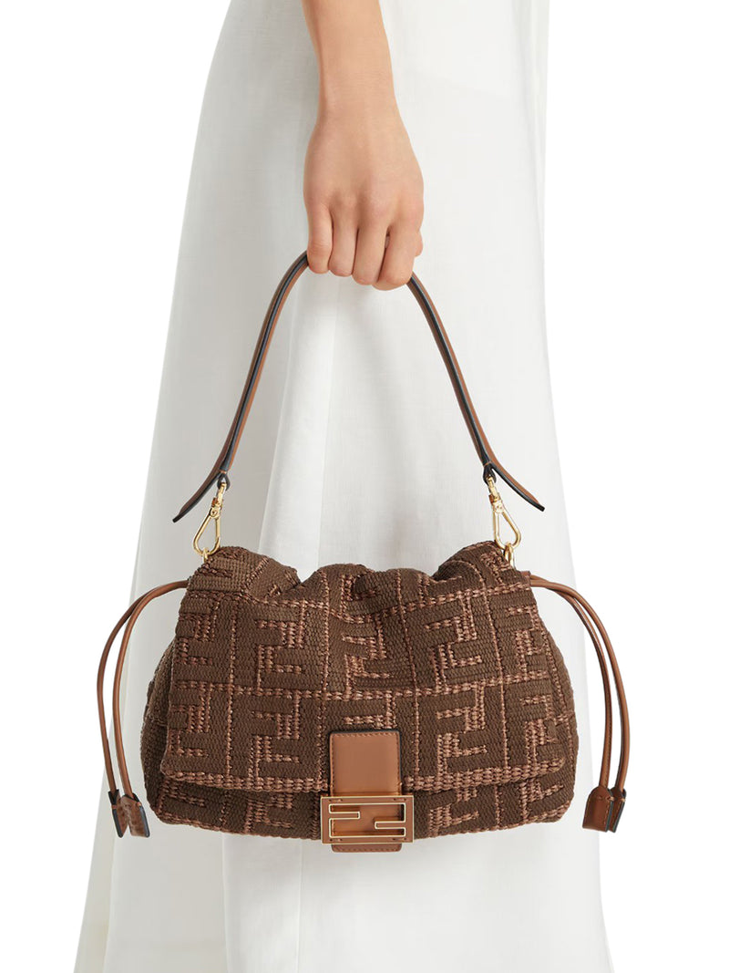 MAMMA BAGUETTE MEDIUM WOVEN RAFFIA BAG WITH FF SELLIER EMBROIDERY