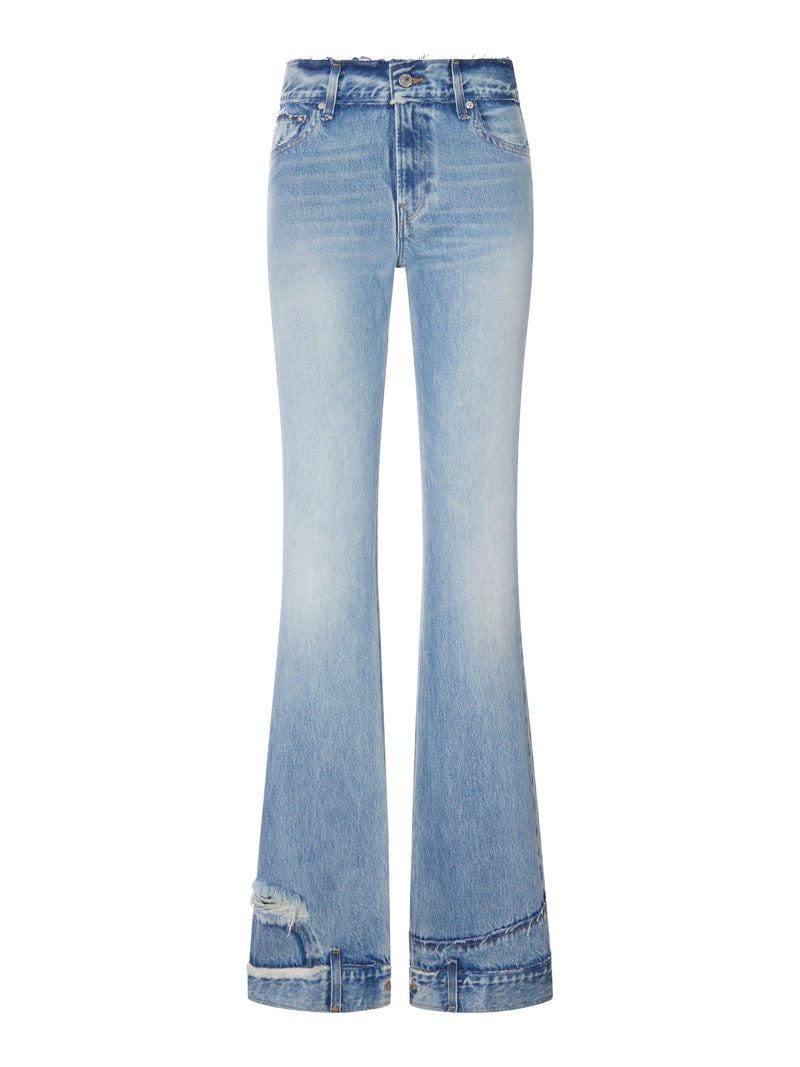 HIGH-WAISTED FLARE JEANS IN USED DENIM WITH DECORATED HEM