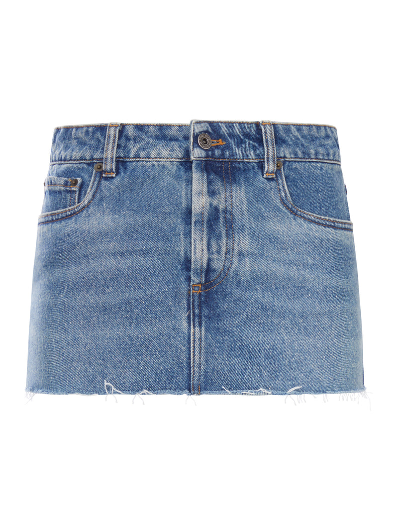 USED ??WASH DENIM MINI SKIRT WITH FRAYED HEM