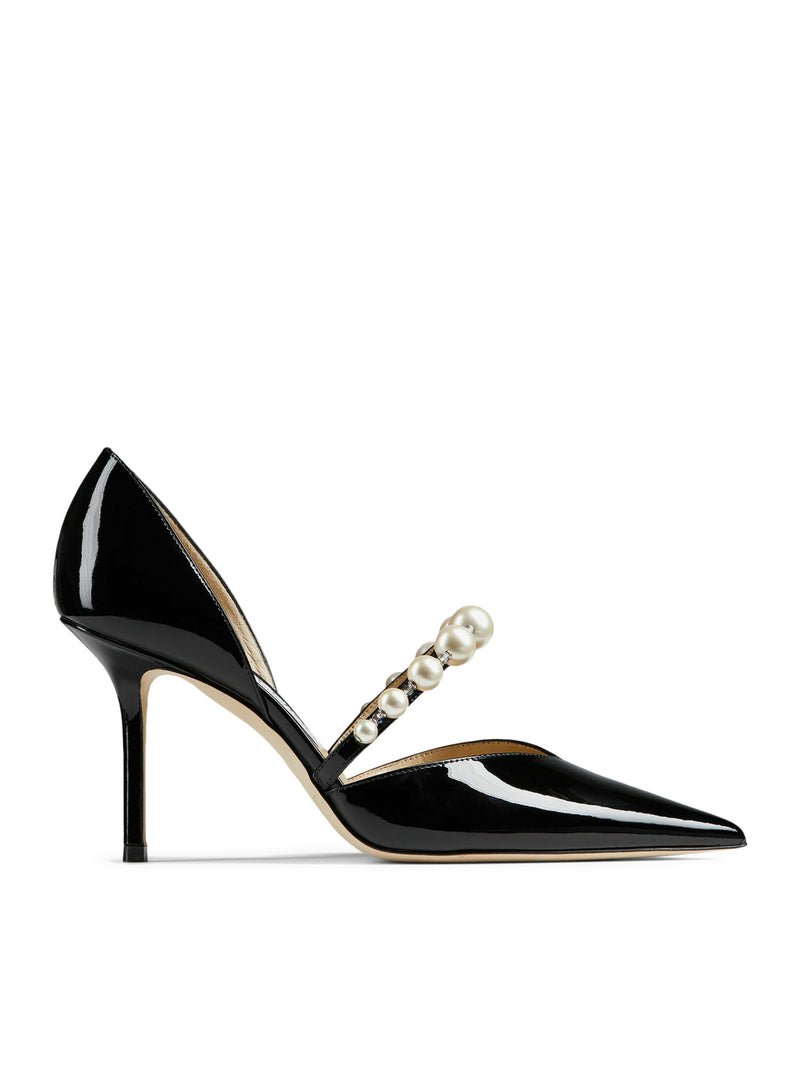 AURELIE 85 POINTED-TOE DÉCOLLETÉ IN BLACK PATENT LEATHER WITH PEARL DECORATION