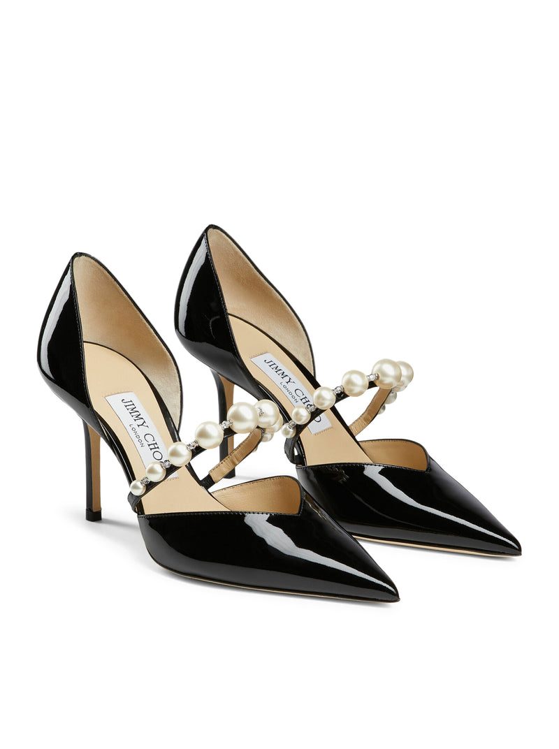 AURELIE 85 POINTED-TOE DÉCOLLETÉ IN BLACK PATENT LEATHER WITH PEARL DECORATION