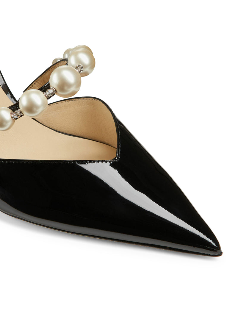 AURELIE 85 POINTED-TOE DÉCOLLETÉ IN BLACK PATENT LEATHER WITH PEARL DECORATION