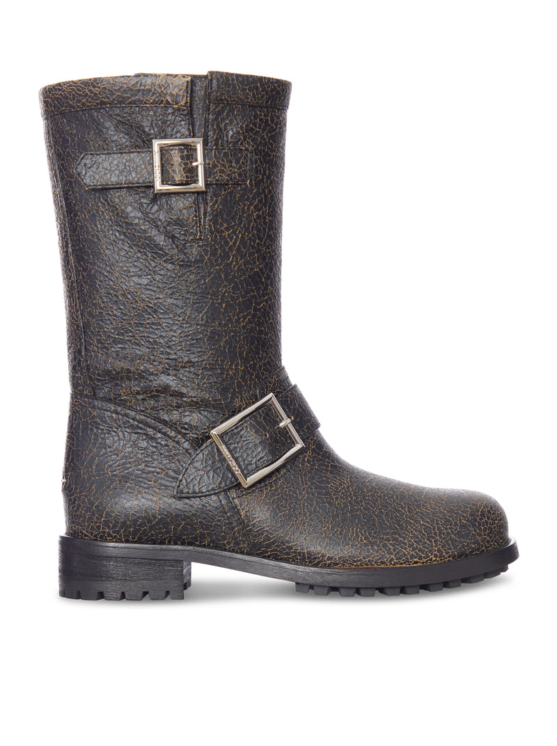 CRACKLED LEATHER BIKER BOOTS WITH BUCKLES