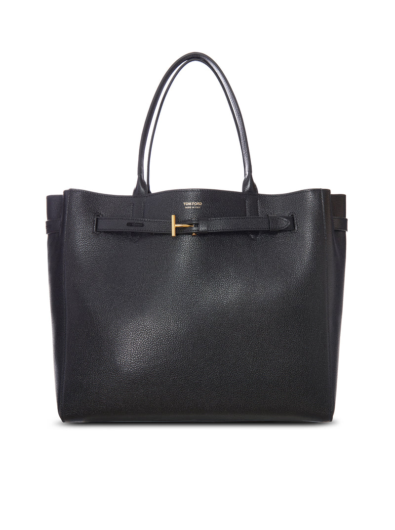 BLACK LEATHER TOTE BAG WITH T DETAIL