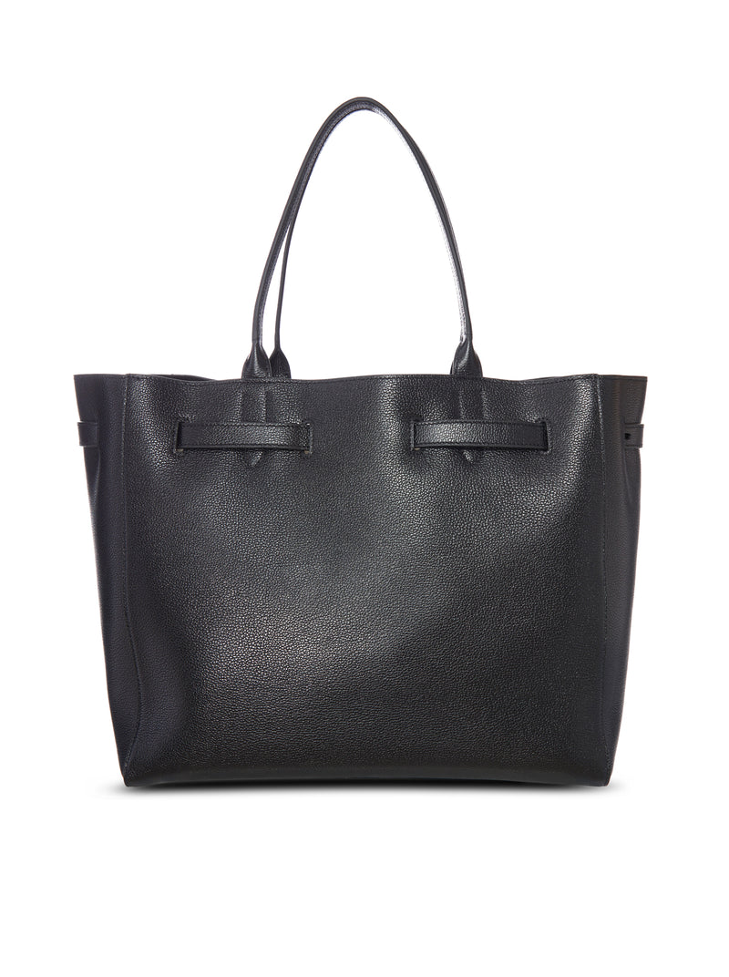 BLACK LEATHER TOTE BAG WITH T DETAIL