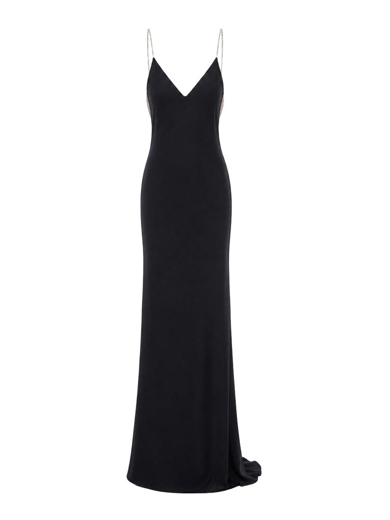 SATIN EVENING DRESS WITH CRYSTAL CHAIN EMBROIDERY AND OPEN BACK