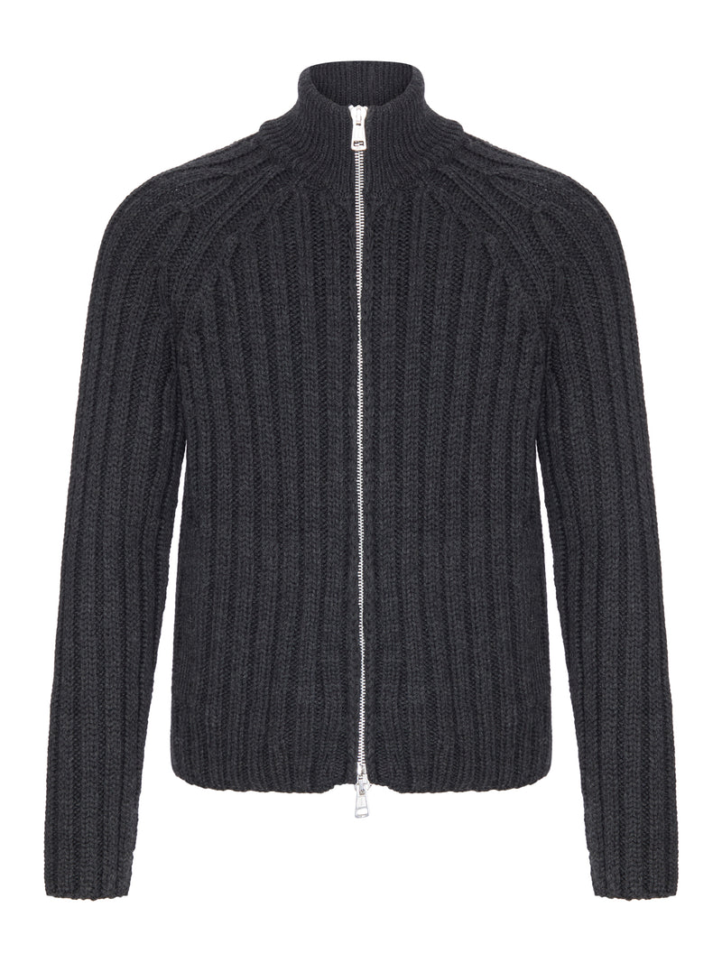 RIBBED MERINO WOOL ZIP-UP CARDIGAN