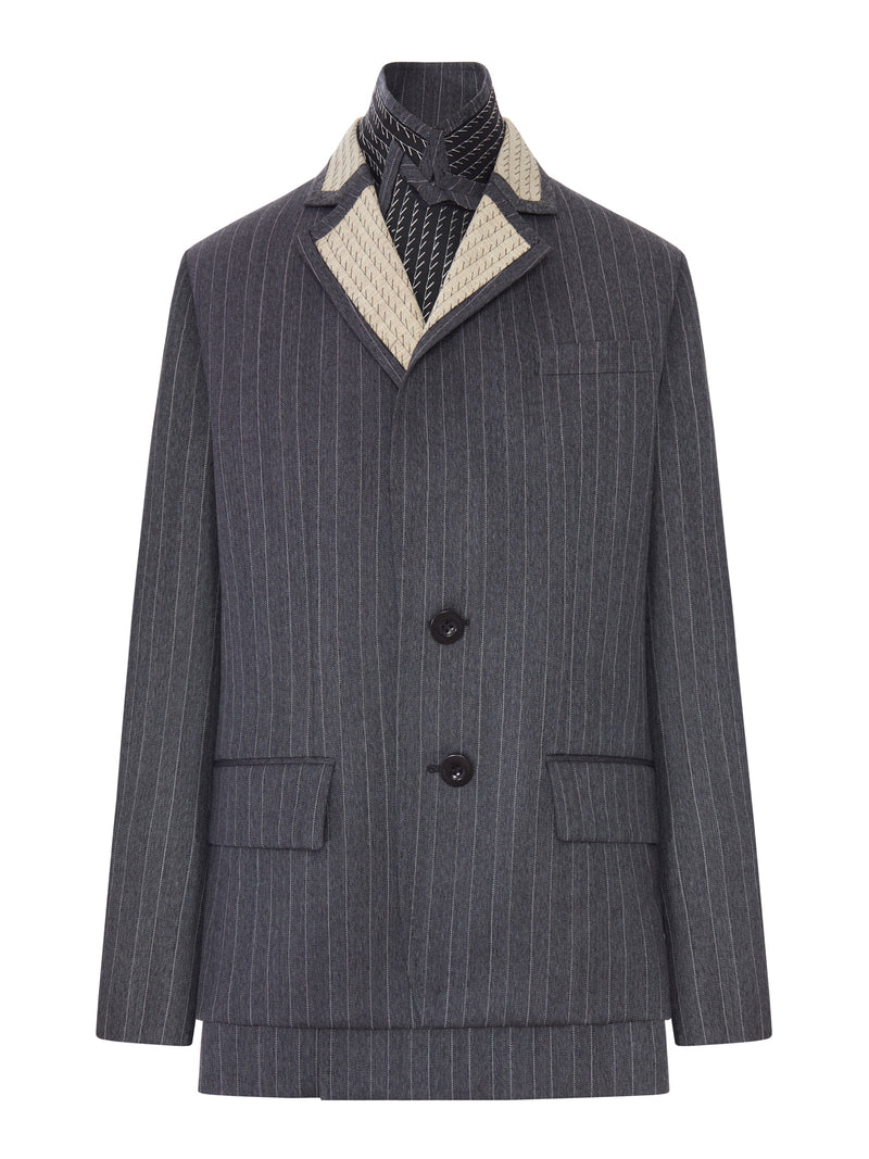 PINSTRIPED BLAZER WITH CONTRASTING LAPELS AND EMBROIDERED DETAILS