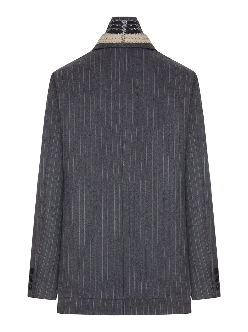 PINSTRIPED BLAZER WITH CONTRASTING LAPELS AND EMBROIDERED DETAILS