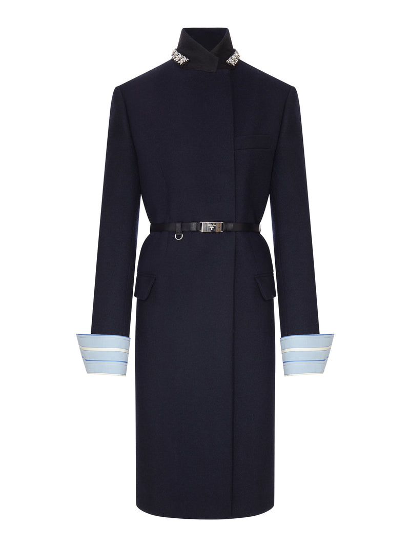 LONG WOOL COAT WITH BELT AND JEWEL COLLAR
