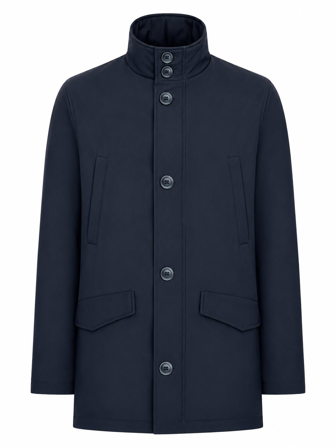 TECHNICAL FABRIC COAT WITH HIGH COLLAR AND BUTTONS