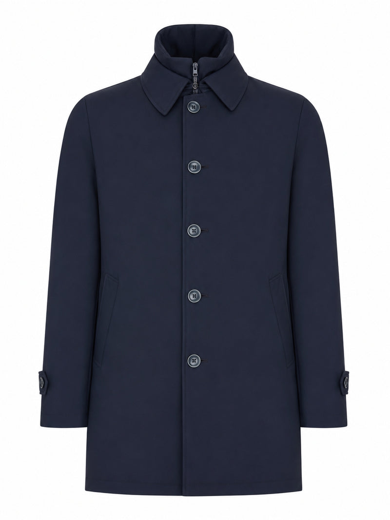 WATERPROOF TECHNICAL FABRIC COAT WITH BUTTONS AND A HIGH COLLAR