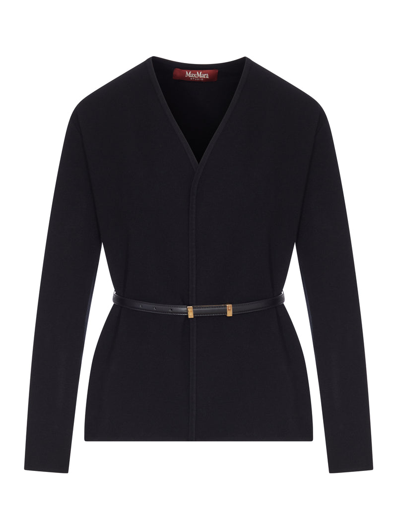 WOOL CARDIGAN WITH LEATHER PROFILES AND BELT