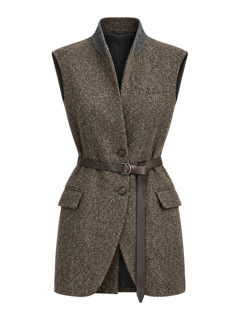 SPARKLING VIRGIN WOOL CHEVRON VEST WITH LEATHER AND MONILE BELT