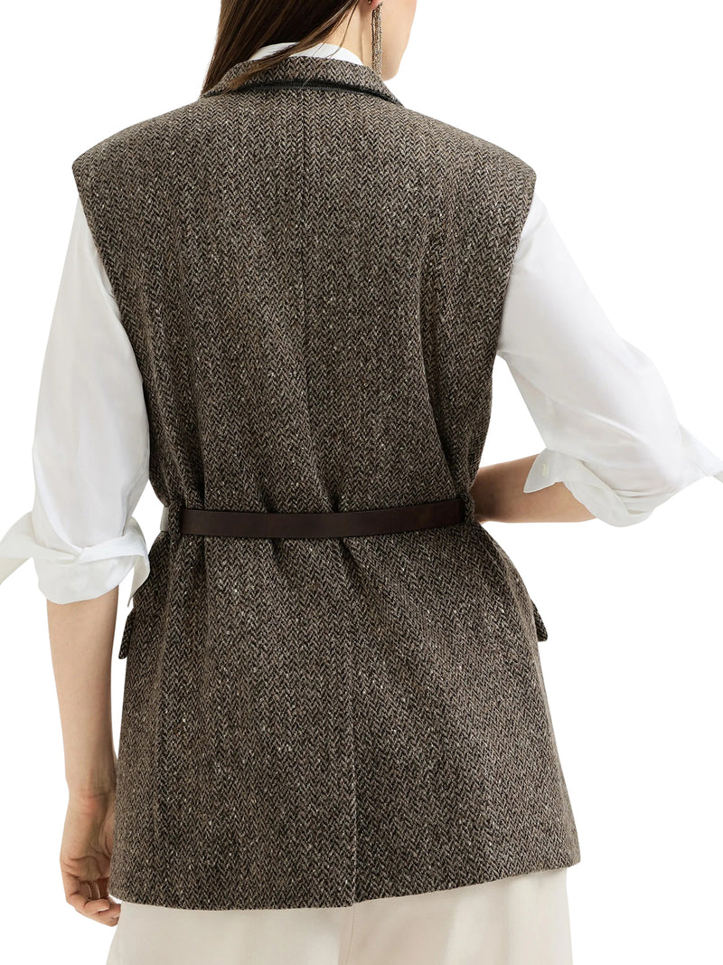 SPARKLING VIRGIN WOOL CHEVRON VEST WITH LEATHER AND MONILE BELT